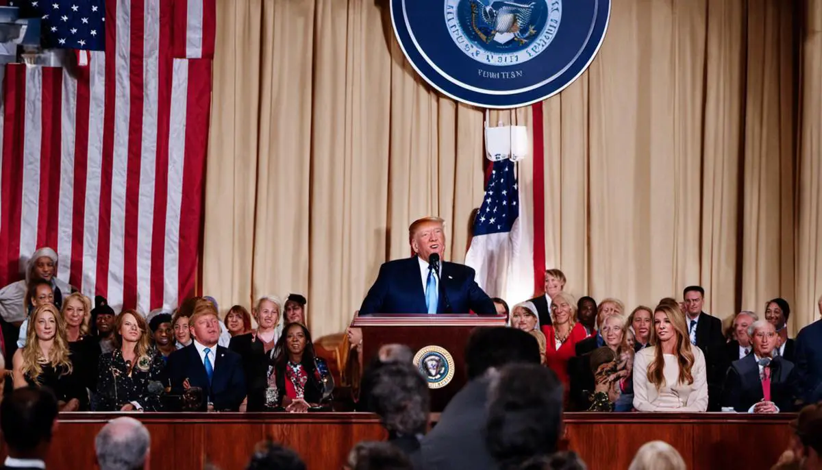 Jenna Ellis speaking at a podium, defending Donald Trump during her time in the Trump Administration